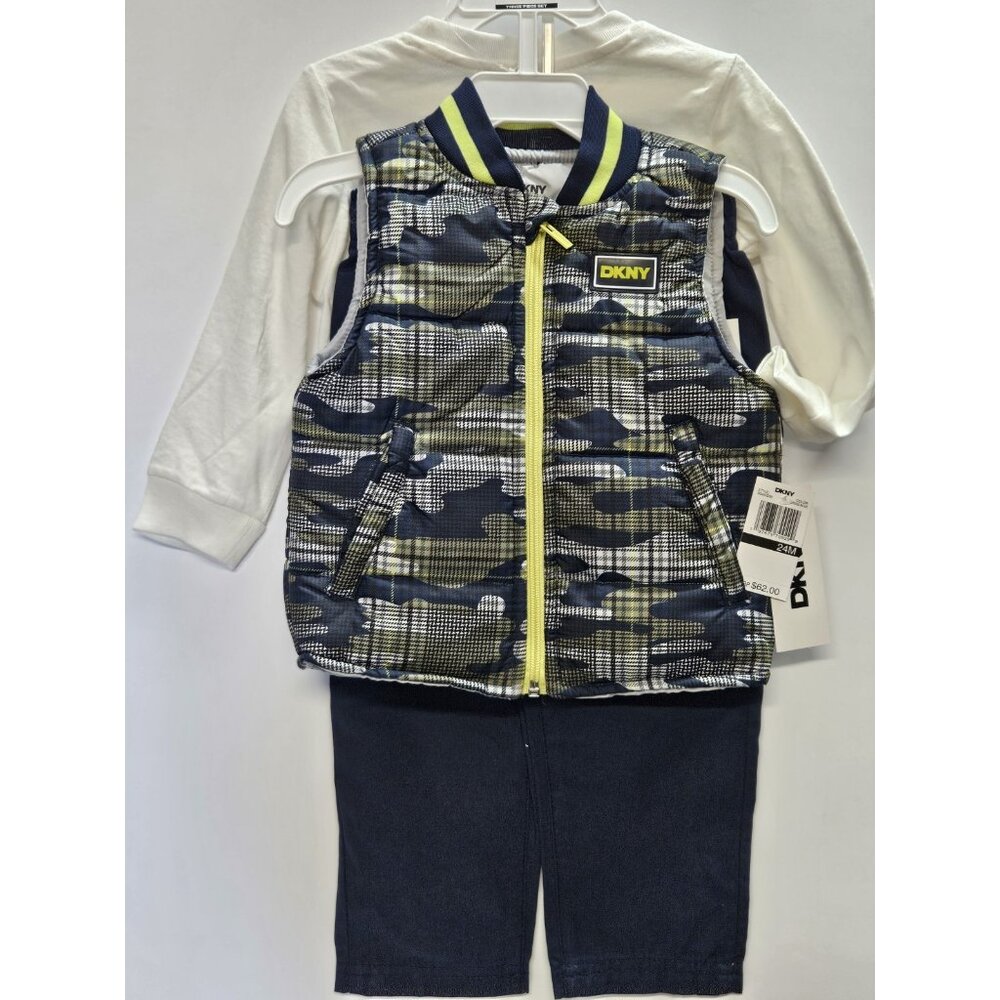 DKNY  Size 24 M Set Of 3, Green- Blue Vest/ Blue Pants/ Cream Long Sleeve Print‎